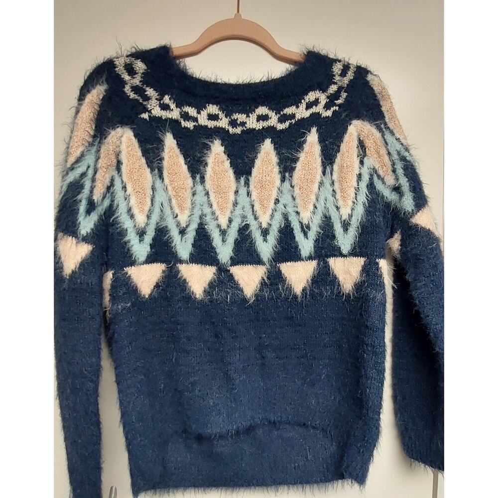 LC Lauren Conrad Fair Isle Blue Pattern Thick Knit Fuzzy Eyelash Sweater - Med